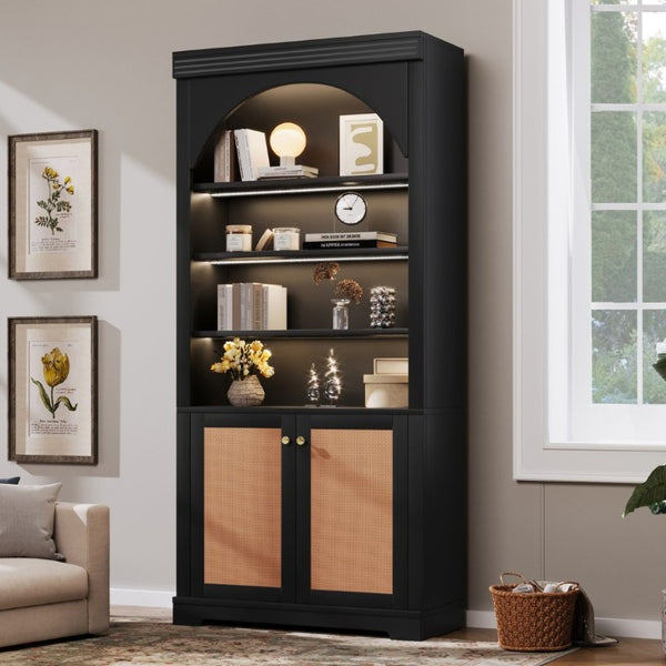 English Elm Tall Black Bookcase with Rattan Doors Open Shelves LED Lighting and Arched Profile N751P455898P