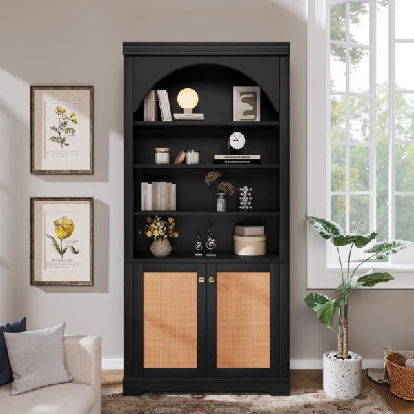 English Elm Tall Black Bookcase with Rattan Doors Open Shelves LED Lighting and Arched Profile N751P455898P