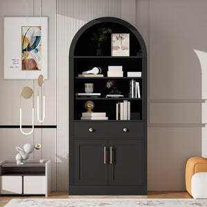 English Elm Arched Tall Bookcase with Adjustable Shelves Drawer and Cabinet for Living Room Office Black N751P455926B