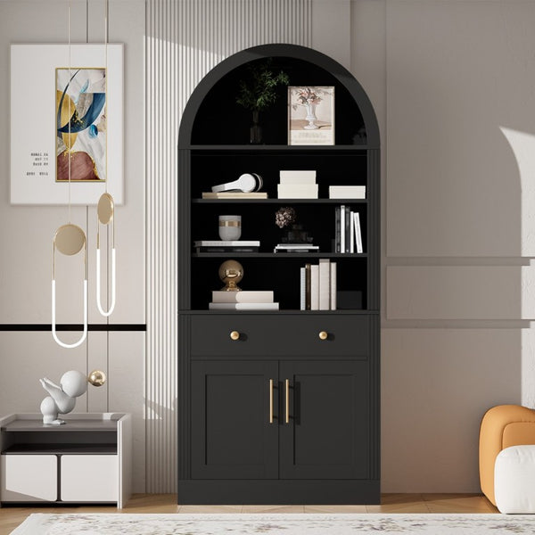 English Elm Arched Tall Bookcase with Adjustable Shelves Drawer and Cabinet for Living Room Office Black N751P455926B