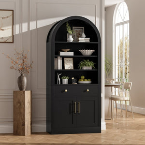 English Elm Arched Tall Bookcase with Adjustable Shelves Drawer and Cabinet for Living Room Office Black N751P455926B