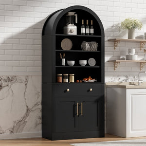 English Elm Arched Tall Bookcase with Adjustable Shelves Drawer and Cabinet for Living Room Office Black N751P455926B