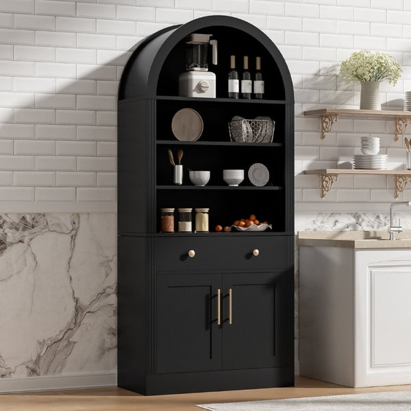 English Elm Arched Tall Bookcase with Adjustable Shelves Drawer and Cabinet for Living Room Office Black N751P455926B
