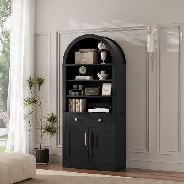 English Elm Arched Tall Bookcase with Adjustable Shelves Drawer and Cabinet for Living Room Office Black N751P455926B