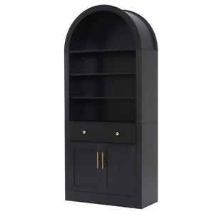 English Elm Arched Tall Bookcase with Adjustable Shelves Drawer and Cabinet for Living Room Office Black N751P455926B