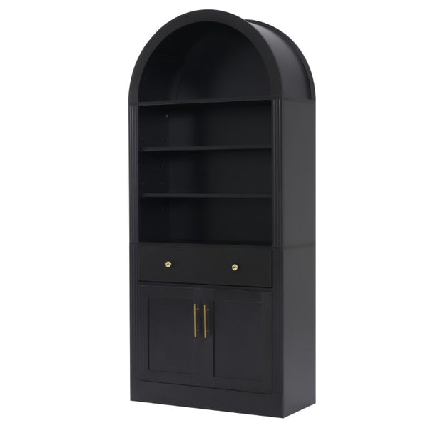 English Elm Arched Tall Bookcase with Adjustable Shelves Drawer and Cabinet for Living Room Office Black N751P455926B