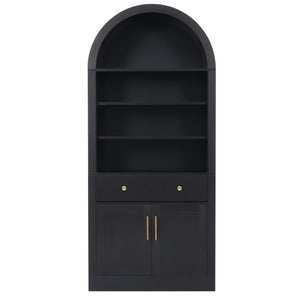English Elm Arched Tall Bookcase with Adjustable Shelves Drawer and Cabinet for Living Room Office Black N751P455926B