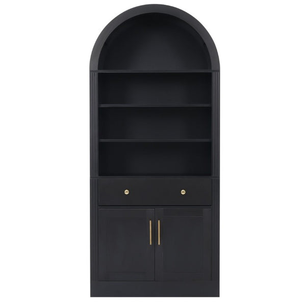 English Elm Arched Tall Bookcase with Adjustable Shelves Drawer and Cabinet for Living Room Office Black N751P455926B