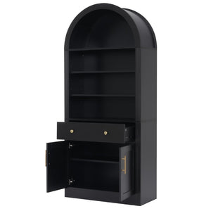 English Elm Arched Tall Bookcase with Adjustable Shelves Drawer and Cabinet for Living Room Office Black N751P455926B