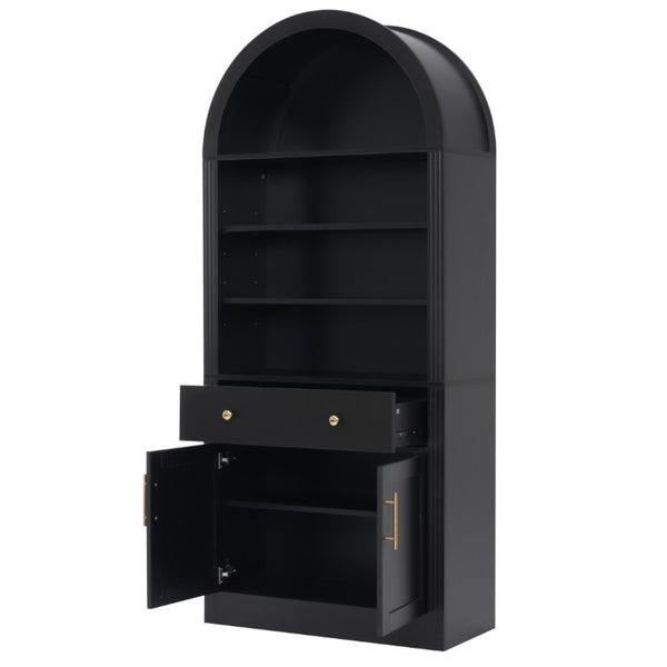English Elm Arched Tall Bookcase with Adjustable Shelves Drawer and Cabinet for Living Room Office Black N751P455926B