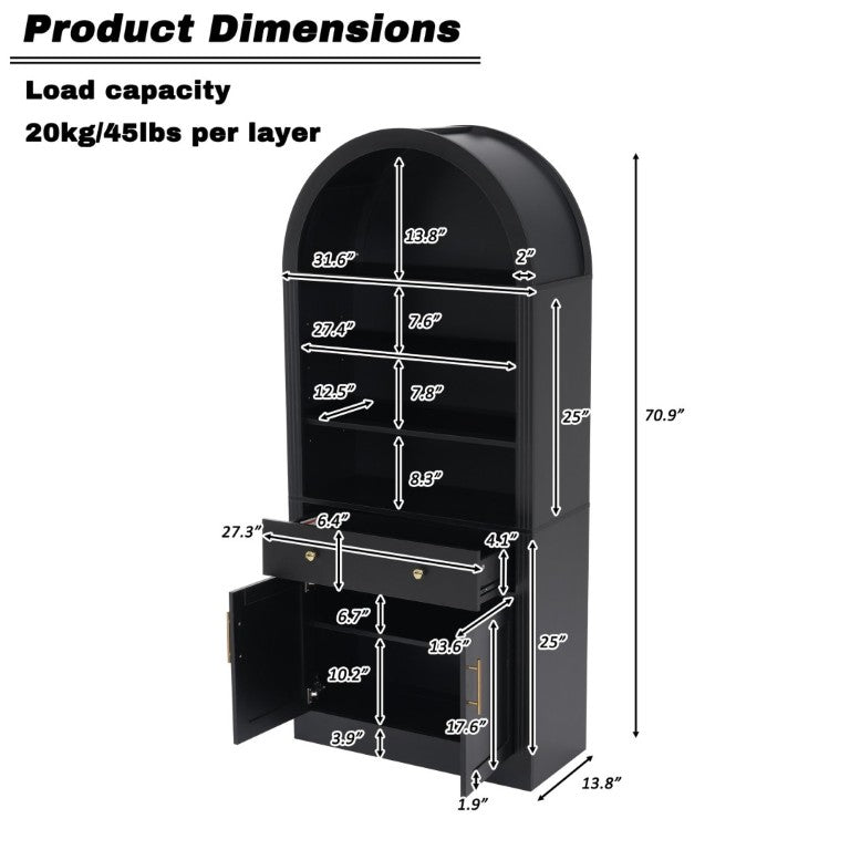 English Elm Arched Tall Bookcase with Adjustable Shelves Drawer and Cabinet for Living Room Office Black N751P455926B