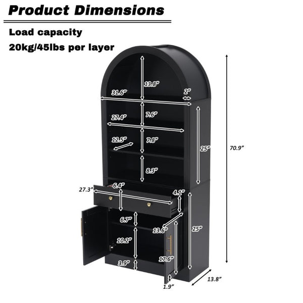 English Elm Arched Tall Bookcase with Adjustable Shelves Drawer and Cabinet for Living Room Office Black N751P455926B