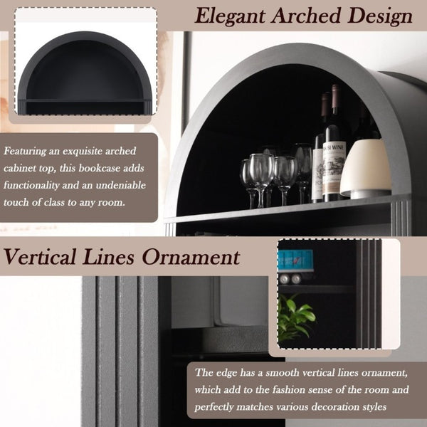 English Elm Arched Tall Bookcase with Adjustable Shelves Drawer and Cabinet for Living Room Office Black N751P455926B