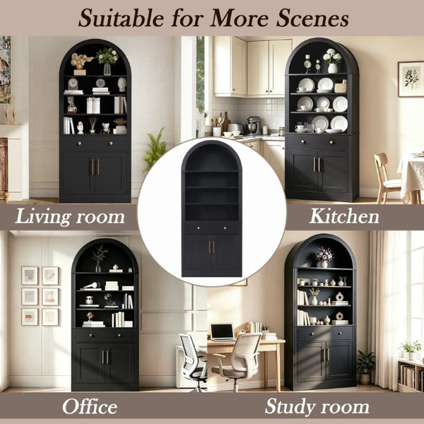 English Elm Arched Tall Bookcase with Adjustable Shelves Drawer and Cabinet for Living Room Office Black N751P455926B