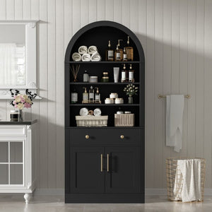 English Elm Arched Tall Bookcase with Adjustable Shelves Drawer and Cabinet for Living Room Office Black N751P455926B