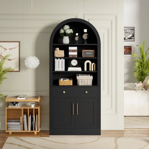 English Elm Arched Tall Bookcase with Adjustable Shelves Drawer and Cabinet for Living Room Office Black N751P455926B