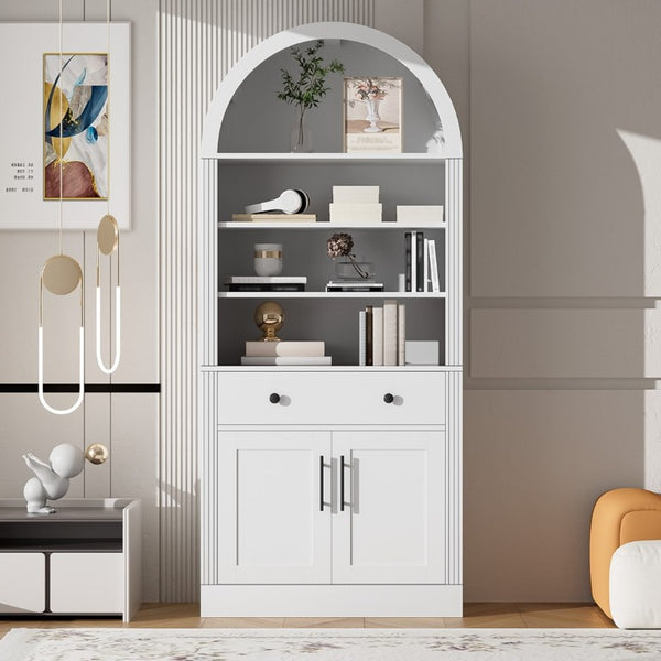 English Elm Arched Tall Bookcase with Adjustable Shelves Drawer and Cabinet for Living Room Office White N751P455926K