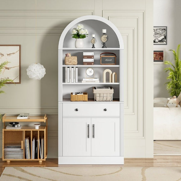 English Elm Arched Tall Bookcase with Adjustable Shelves Drawer and Cabinet for Living Room Office White N751P455926K