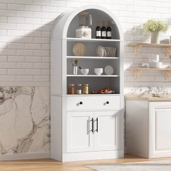 English Elm Arched Tall Bookcase with Adjustable Shelves Drawer and Cabinet for Living Room Office White N751P455926K