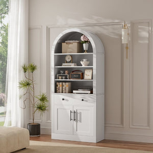 English Elm Arched Tall Bookcase with Adjustable Shelves Drawer and Cabinet for Living Room Office White N751P455926K