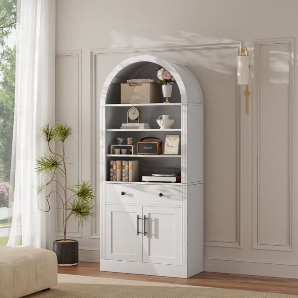 English Elm Arched Tall Bookcase with Adjustable Shelves Drawer and Cabinet for Living Room Office White N751P455926K
