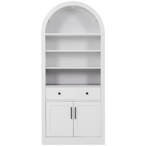 English Elm Arched Tall Bookcase with Adjustable Shelves Drawer and Cabinet for Living Room Office White N751P455926K