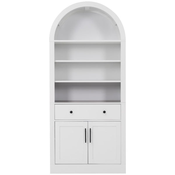 English Elm Arched Tall Bookcase with Adjustable Shelves Drawer and Cabinet for Living Room Office White N751P455926K