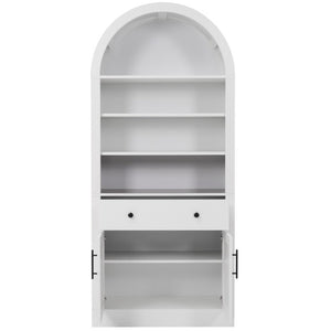 English Elm Arched Tall Bookcase with Adjustable Shelves Drawer and Cabinet for Living Room Office White N751P455926K