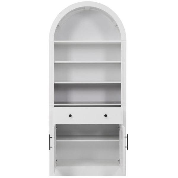 English Elm Arched Tall Bookcase with Adjustable Shelves Drawer and Cabinet for Living Room Office White N751P455926K