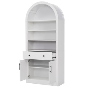 English Elm Arched Tall Bookcase with Adjustable Shelves Drawer and Cabinet for Living Room Office White N751P455926K