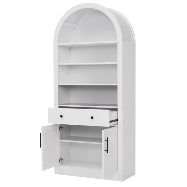 English Elm Arched Tall Bookcase with Adjustable Shelves Drawer and Cabinet for Living Room Office White N751P455926K