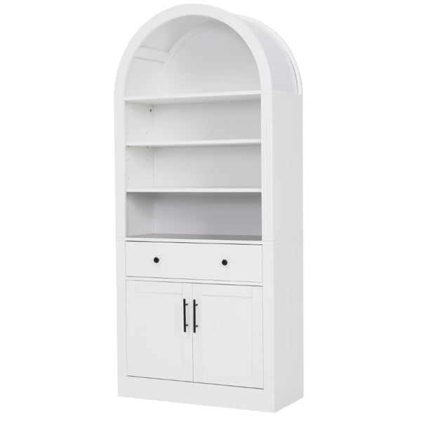 English Elm Arched Tall Bookcase with Adjustable Shelves Drawer and Cabinet for Living Room Office White N751P455926K