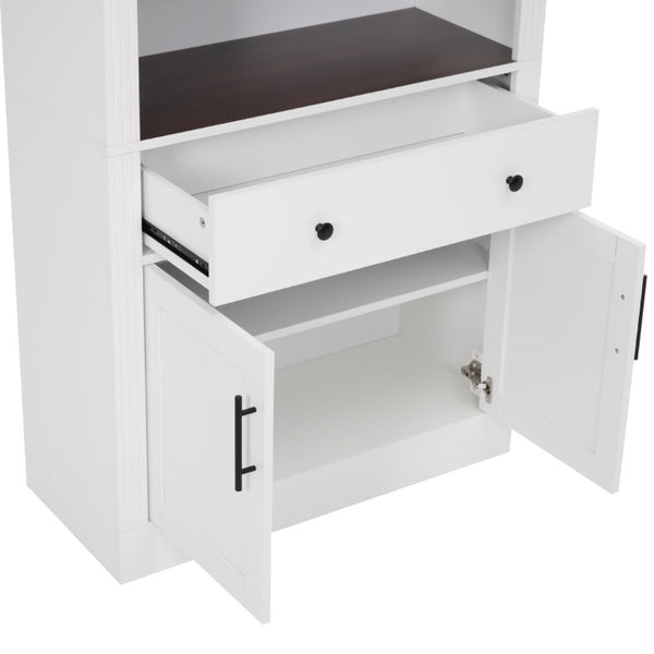 English Elm Arched Tall Bookcase with Adjustable Shelves Drawer and Cabinet for Living Room Office White N751P455926K