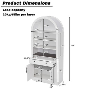 English Elm Arched Tall Bookcase with Adjustable Shelves Drawer and Cabinet for Living Room Office White N751P455926K