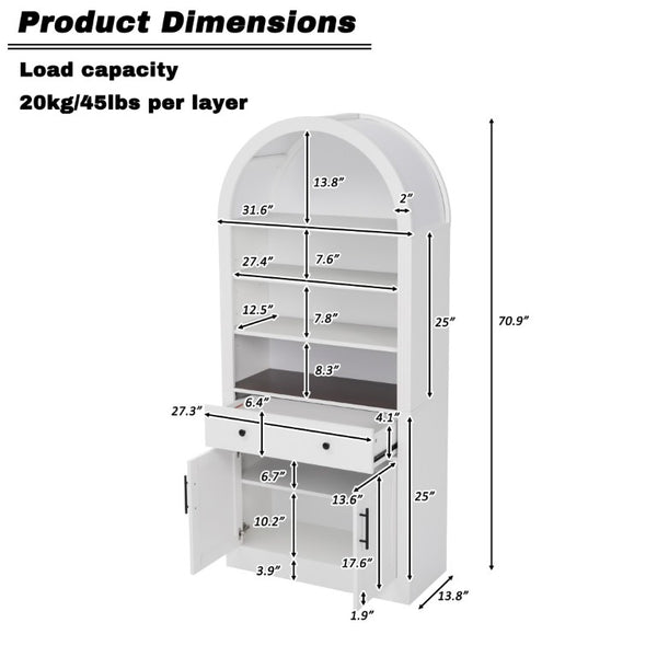English Elm Arched Tall Bookcase with Adjustable Shelves Drawer and Cabinet for Living Room Office White N751P455926K