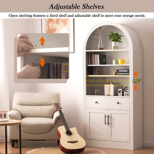 English Elm Arched Tall Bookcase with Adjustable Shelves Drawer and Cabinet for Living Room Office White N751P455926K