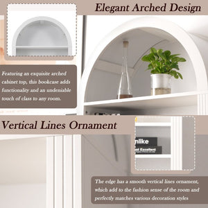 English Elm Arched Tall Bookcase with Adjustable Shelves Drawer and Cabinet for Living Room Office White N751P455926K