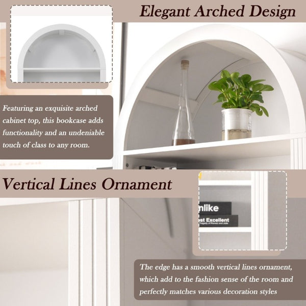 English Elm Arched Tall Bookcase with Adjustable Shelves Drawer and Cabinet for Living Room Office White N751P455926K