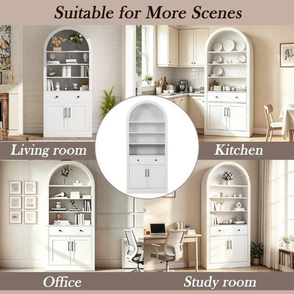 English Elm Arched Tall Bookcase with Adjustable Shelves Drawer and Cabinet for Living Room Office White N751P455926K
