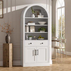 English Elm Arched Tall Bookcase with Adjustable Shelves Drawer and Cabinet for Living Room Office White N751P455926K