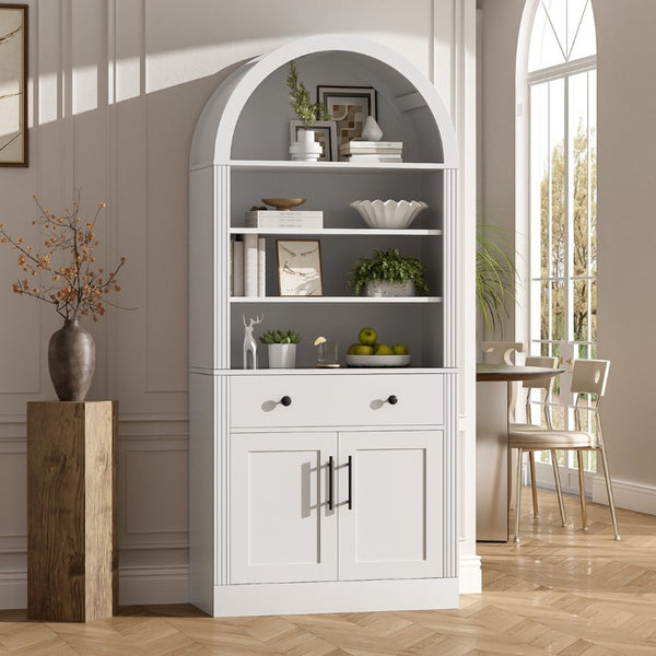 English Elm Arched Tall Bookcase with Adjustable Shelves Drawer and Cabinet for Living Room Office White N751P455926K