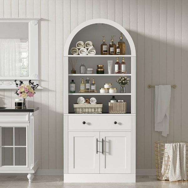 English Elm Arched Tall Bookcase with Adjustable Shelves Drawer and Cabinet for Living Room Office White N751P455926K