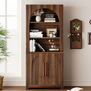 English Elm 70.87 Inch Tall Walnut Bookcase with Arched Cabinet Doors and Open Shelving for Home Office N751P488908A