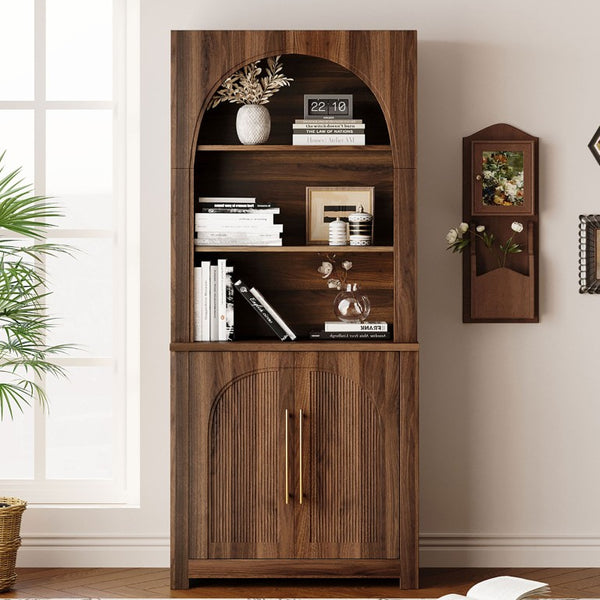 English Elm 70.87 Inch Tall Walnut Bookcase with Arched Cabinet Doors and Open Shelving for Home Office N751P488908A
