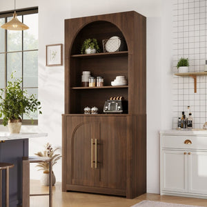 English Elm 70.87 Inch Tall Walnut Bookcase with Arched Cabinet Doors and Open Shelving for Home Office N751P488908A