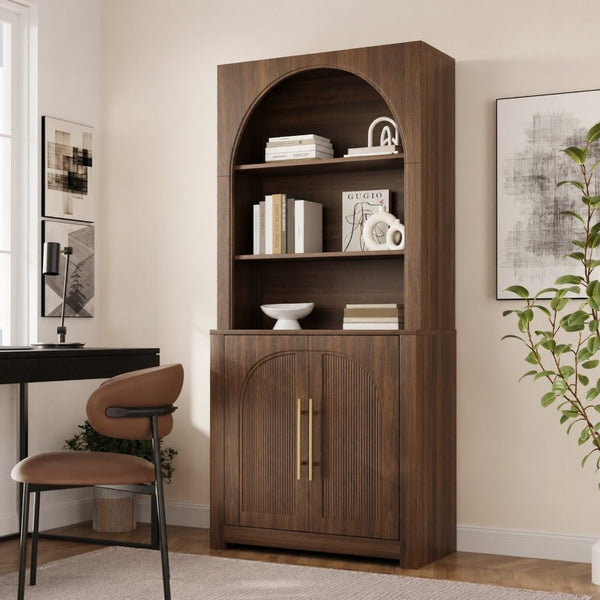 English Elm 70.87 Inch Tall Walnut Bookcase with Arched Cabinet Doors and Open Shelving for Home Office N751P488908A