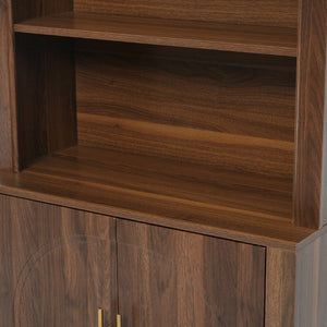 English Elm 70.87 Inch Tall Walnut Bookcase with Arched Cabinet Doors and Open Shelving for Home Office N751P488908A