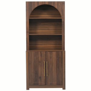 English Elm 70.87 Inch Tall Walnut Bookcase with Arched Cabinet Doors and Open Shelving for Home Office N751P488908A