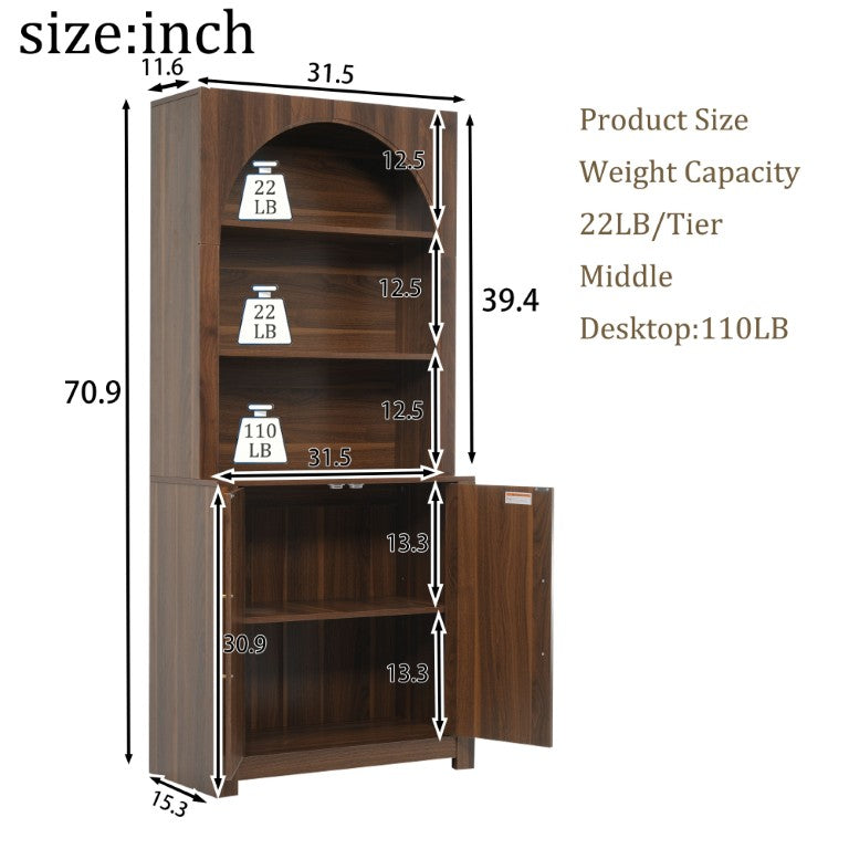 English Elm 70.87 Inch Tall Walnut Bookcase with Arched Cabinet Doors and Open Shelving for Home Office N751P488908A