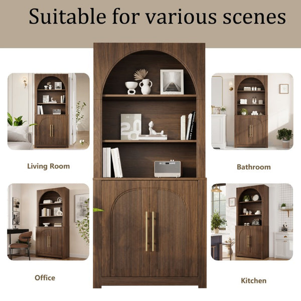 English Elm 70.87 Inch Tall Walnut Bookcase with Arched Cabinet Doors and Open Shelving for Home Office N751P488908A